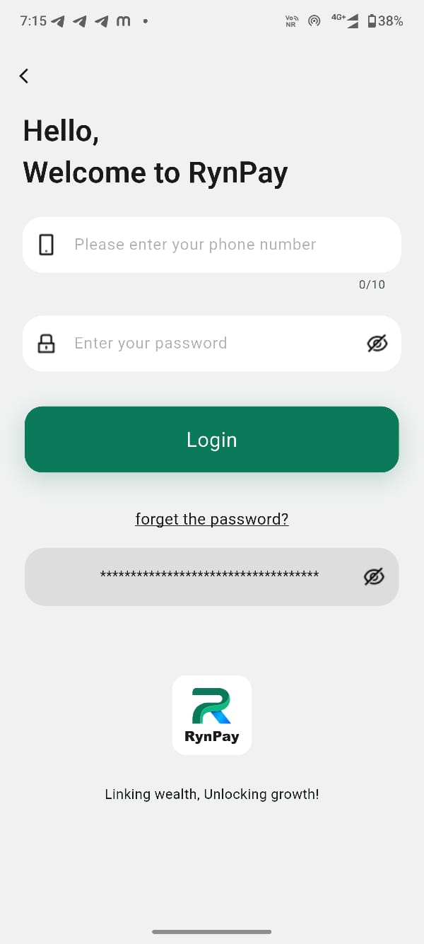Rynpay App login screen
