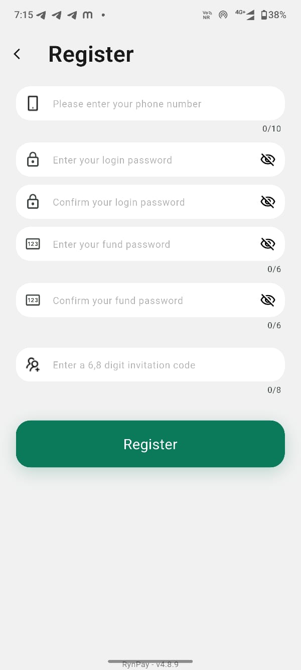 Rynpay App registration screen